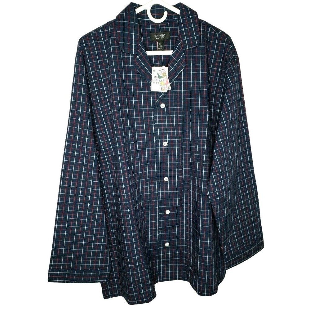 Nordstrom Men Shop Navy Red Double Grid Large %100 Cotton Button Up Shirt